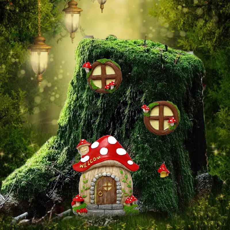 IMOFEE Fairy Door and Windows Garden Kit Accessories Outdoor, Glow in Dark Gnome House for Tree, Lawn Yard Art Sculpture, Miniature Garden Decor (Mushroom) - Image 5